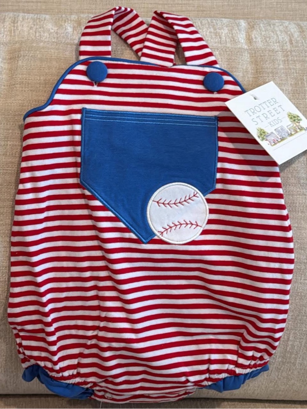 Trotter Street Kids Red & White Stripe Baseball Bubble Romper with Blue Pocket
